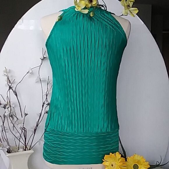 Top Studded Mesh Sleeveless Shiny Stretchy Kelly Green Black Retro Space… - Picture 8 of 11